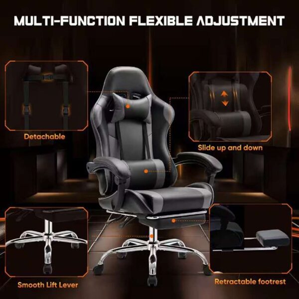 Ergonomic Gaming Chair-High Back PU Leather Office Chair w/Spring Cushion, Adjustable Height and Footrest-Matte Gray