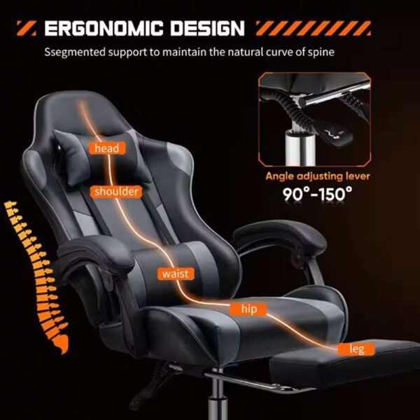 Ergonomic Gaming Chair-High Back PU Leather Office Chair w/Spring Cushion, Adjustable Height and Footrest-Matte Gray