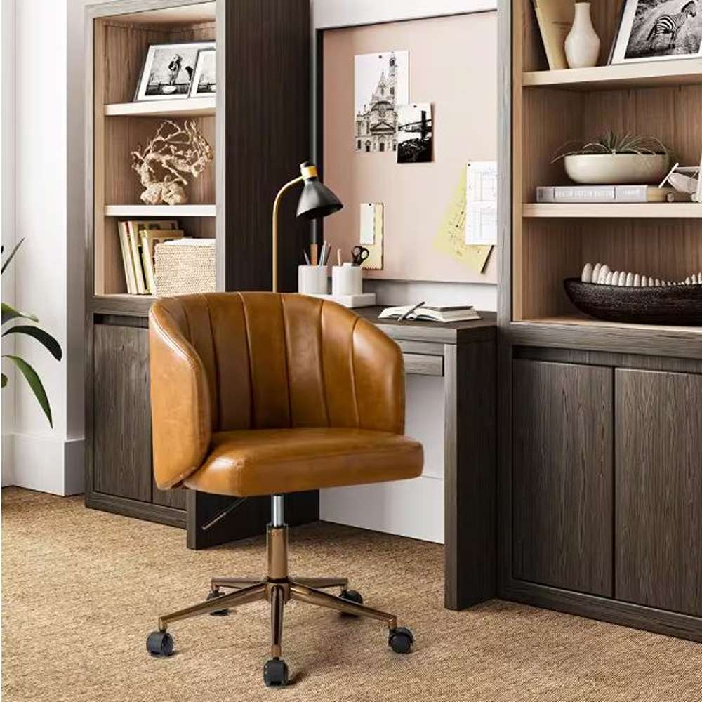 Emil Mid-century Modern Camel PU Leather Ergonomic Adjustable Height Swivel Task Chair